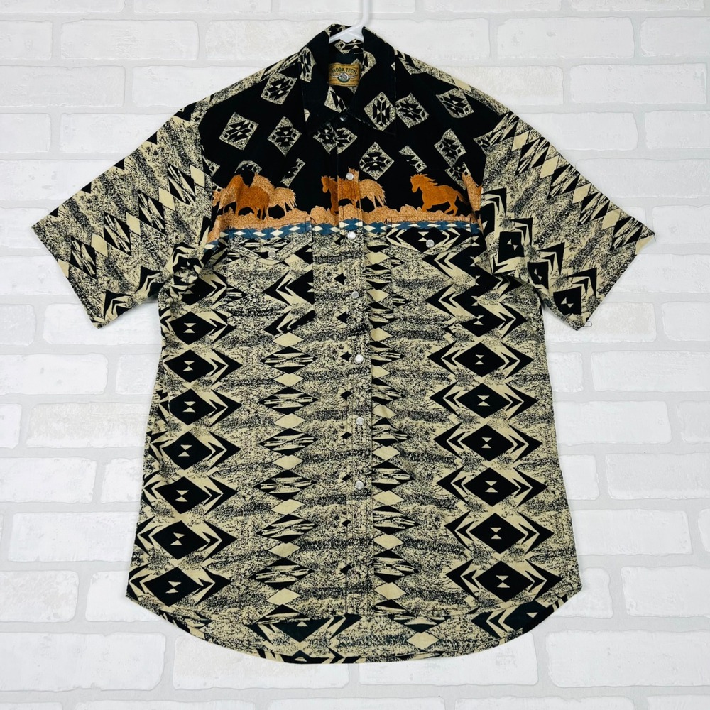 Moda Tech Mens Southwestern Horse Graphic Aztec Pearl Snap Shirt Black Tan Large